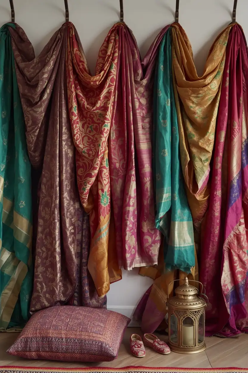 vintage silk saris and kantha scarves layered on a wall as colorful global inspired fabric wall decor ideas