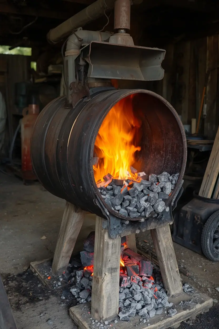 55 gallon drum charcoal DIY forge plans with side blower and open fire bowl