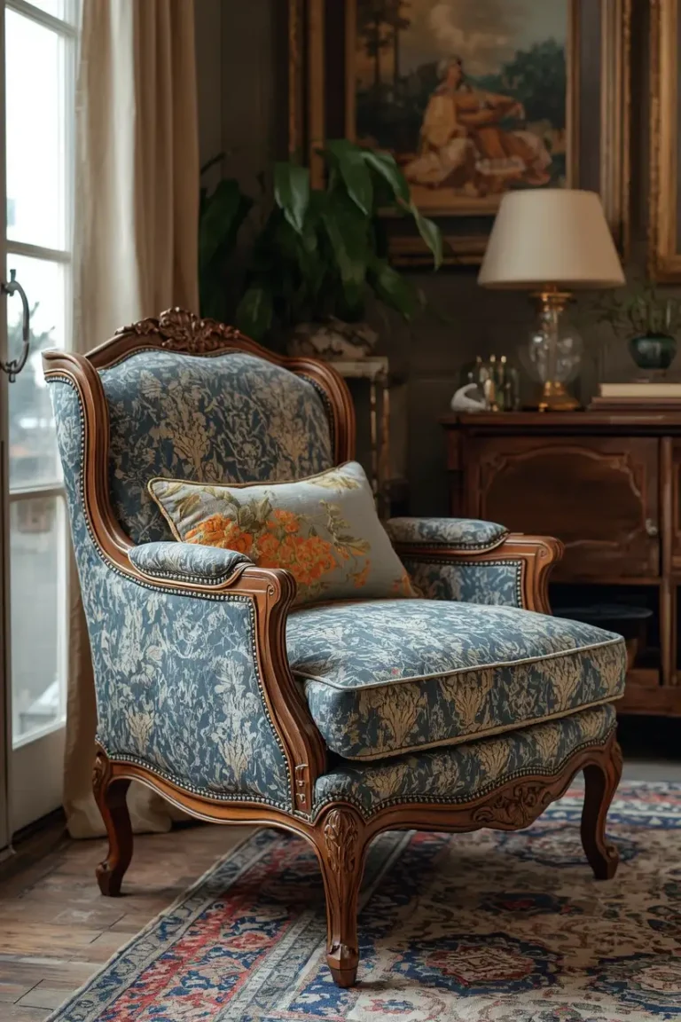 Accent Chair Ideas showing a reupholstered vintage chair with classic charm