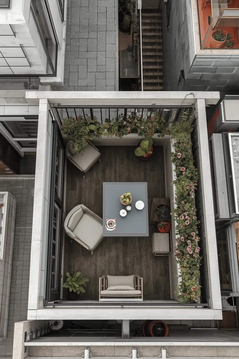Balcony Organization Ideas showing defined lounge dining and plant zones