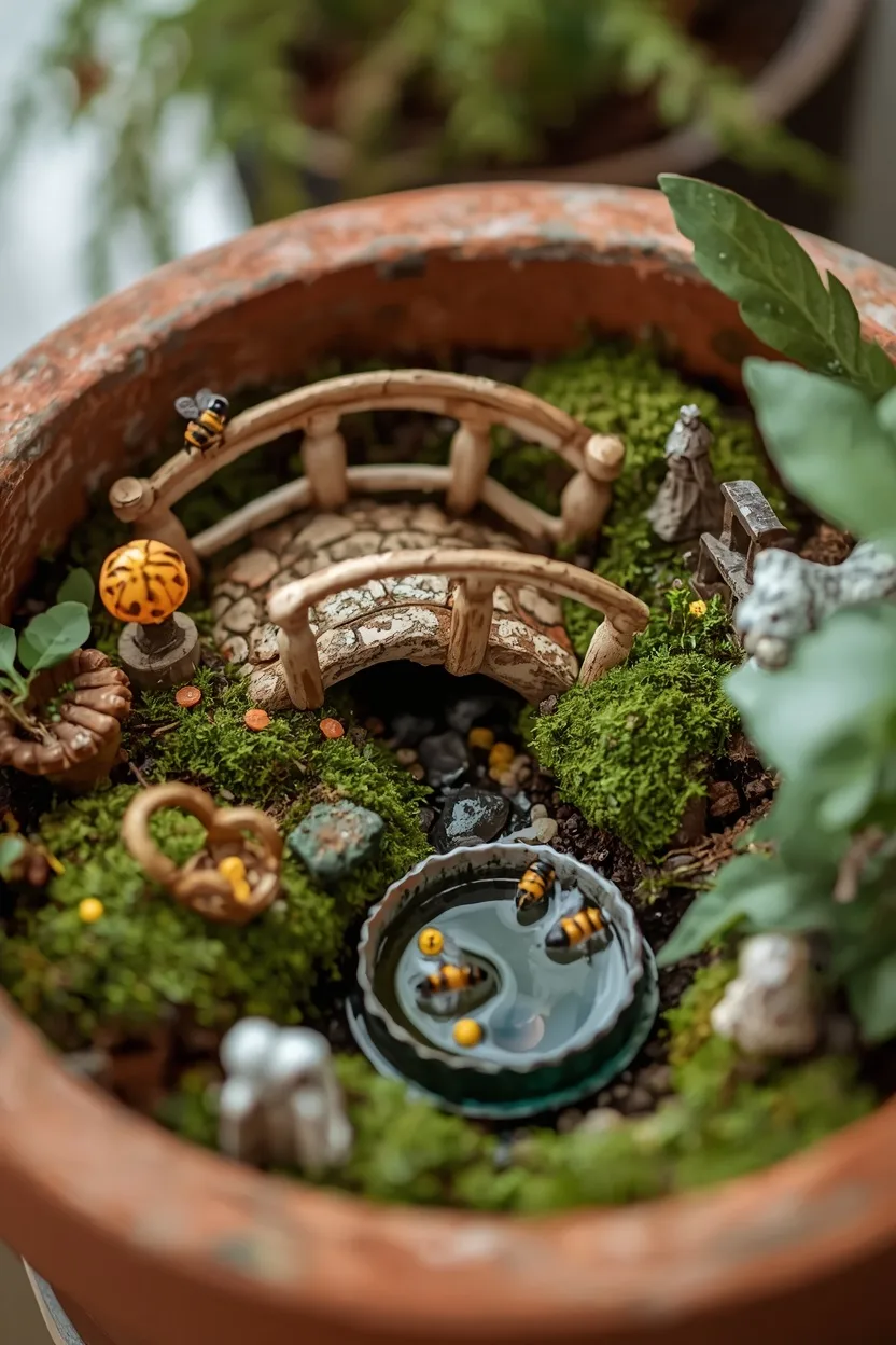 Bee Bath Garden Decor Ideas inside a miniature fairy garden scene