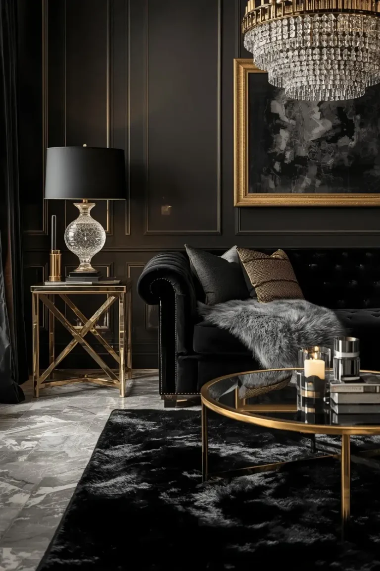 Black Sofa Living Room Ideas in a glamorous setting with gold accents mirrors and luxurious textures