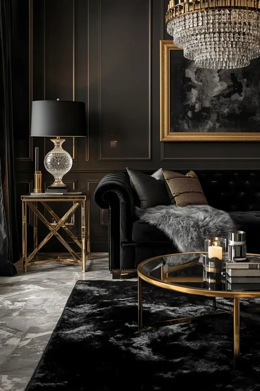 Black Sofa Living Room Ideas in a glamorous setting with gold accents mirrors and luxurious textures