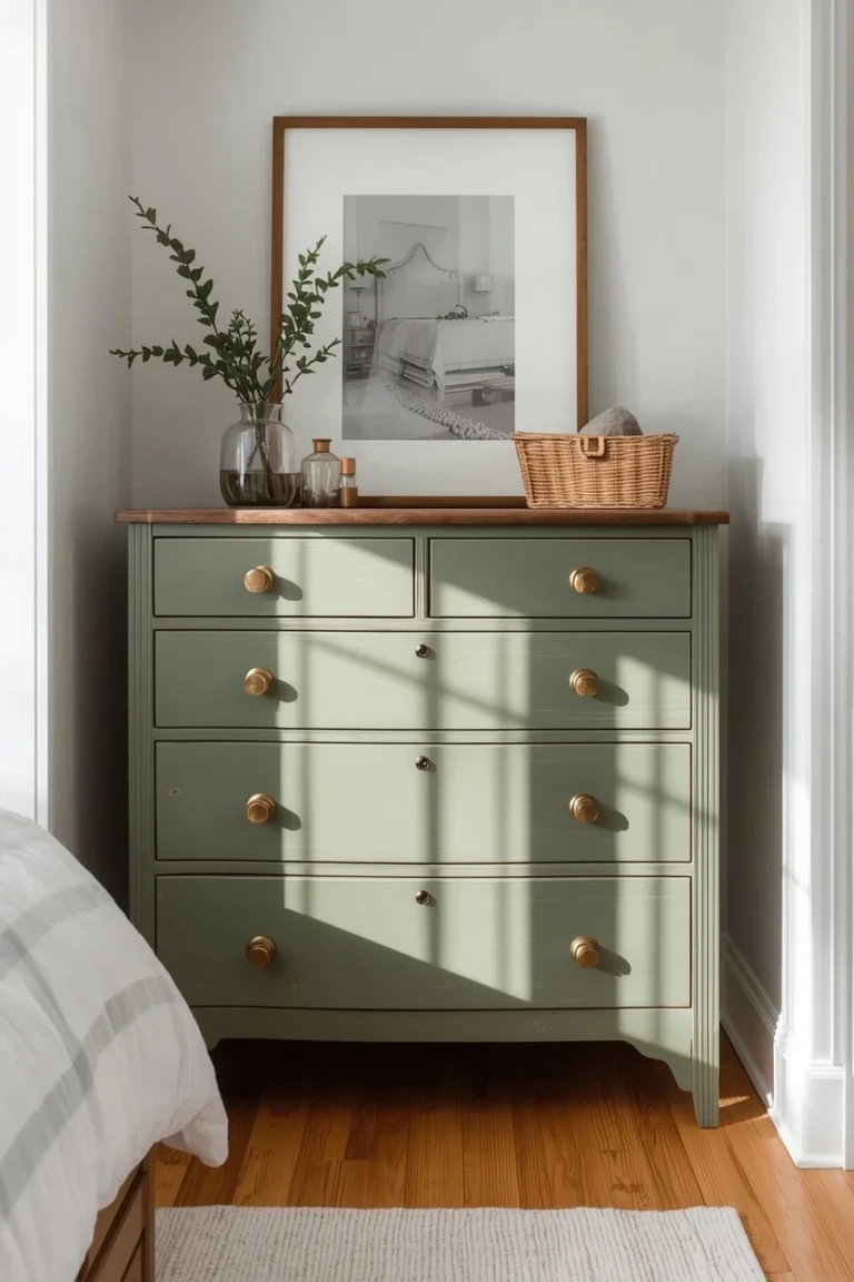 DIY Home Decor Ideas dresser makeover with sage green paint and brass hardware