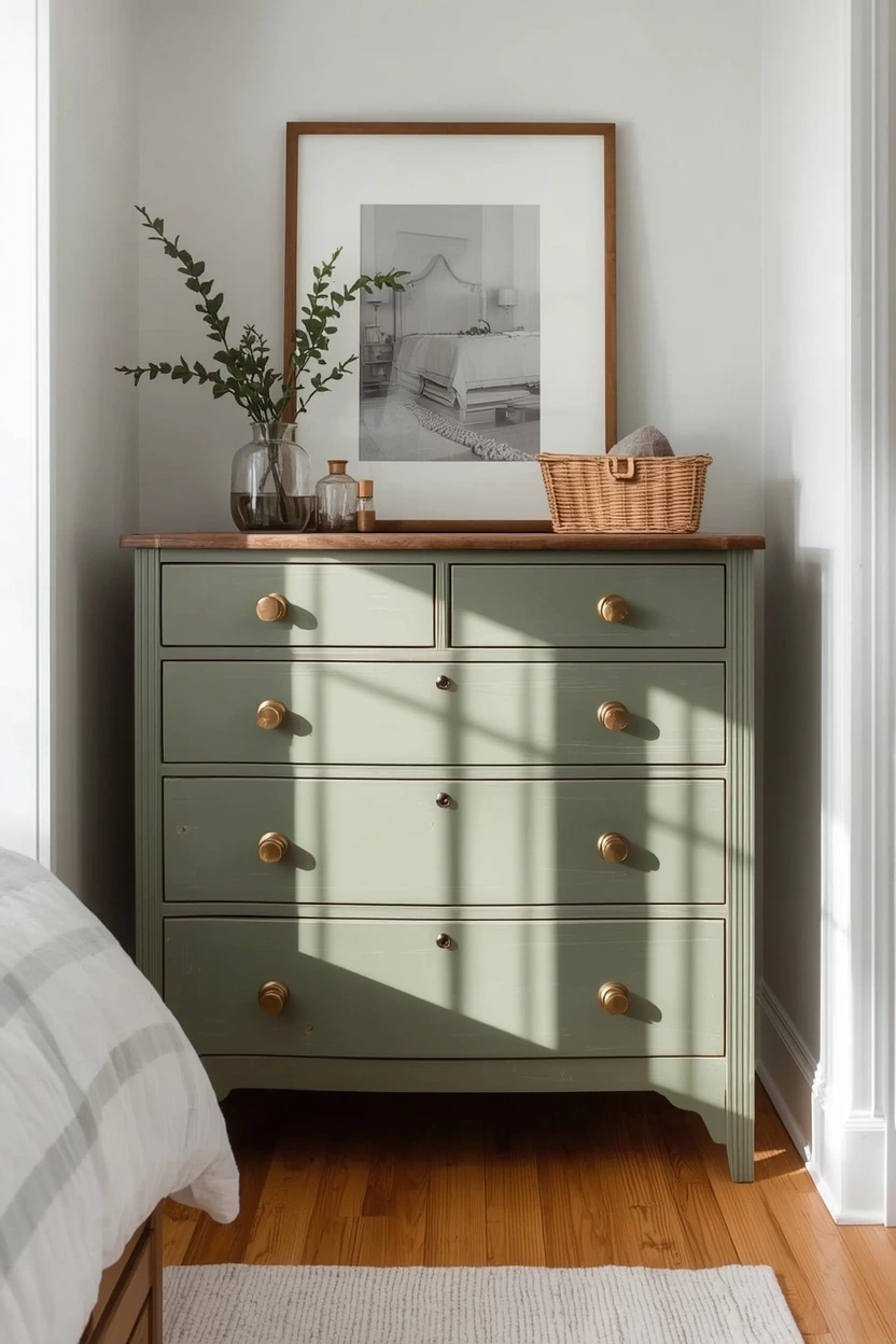 DIY Home Decor Ideas dresser makeover with sage green paint and brass hardware
