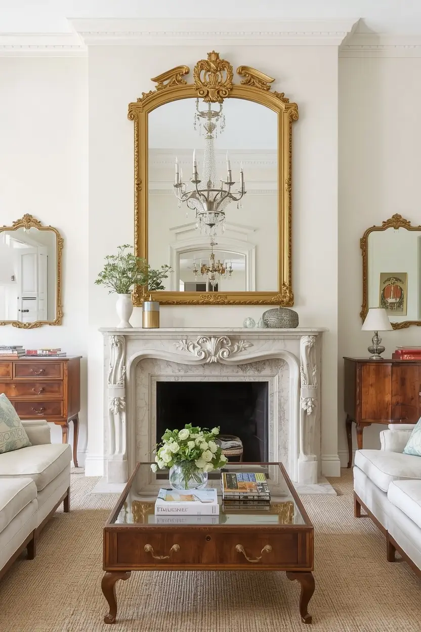 French Country Decorating Ideas featuring a large ornate antique mirror above a fireplace