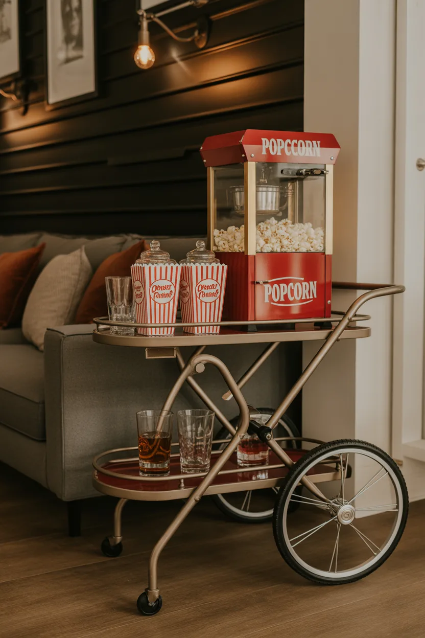 Home theater ideas with a mini snack cart styled like a concession stand