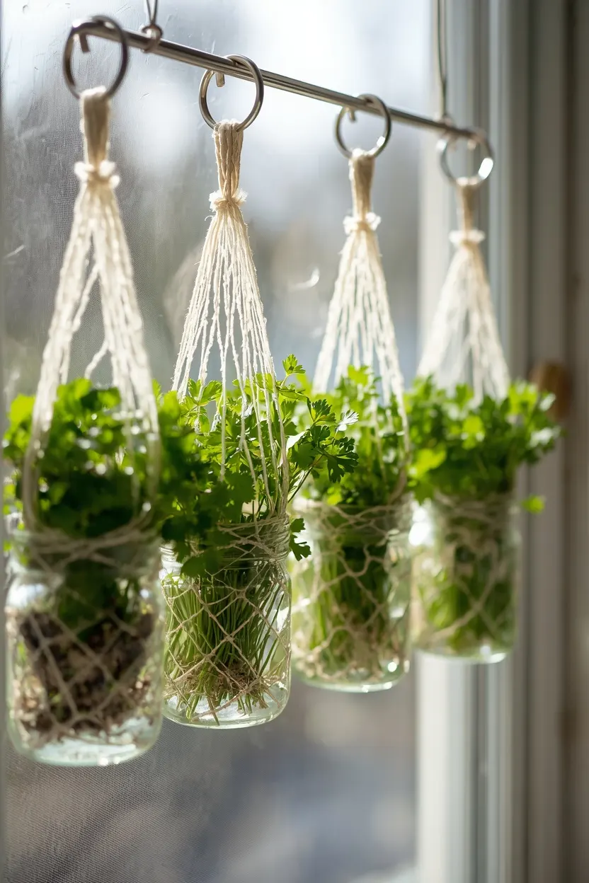 Indoor Hydroponic Gardening Ideas using hanging net pots for a window herb garden