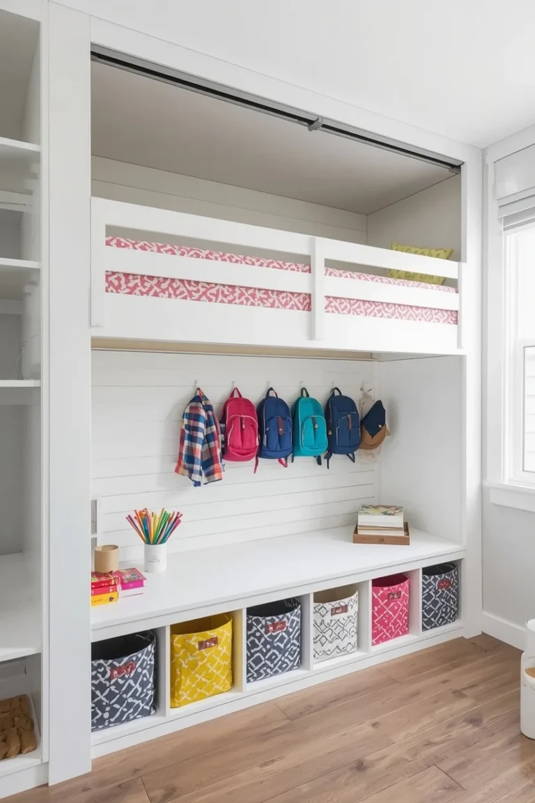 Kids room murphy bed design ideas with bunk bed configuration and open cubby play storage below in a shared childrens bedroom