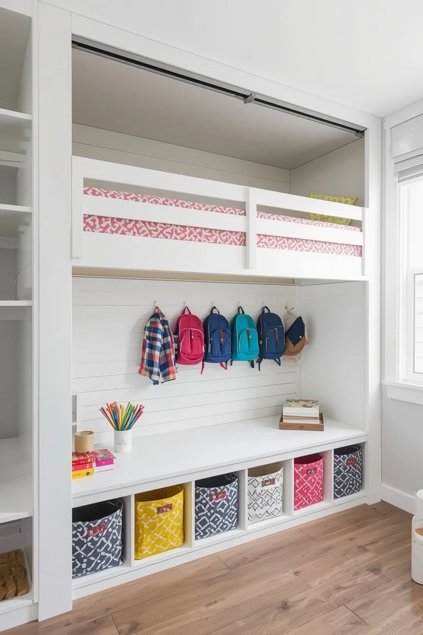 Kids room murphy bed design ideas with bunk bed configuration and open cubby play storage below in a shared childrens bedroom
