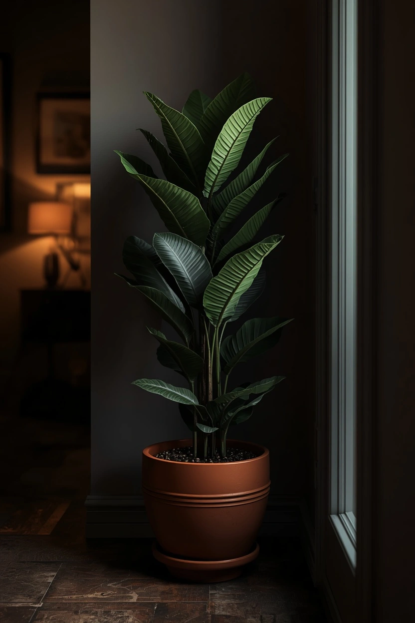 Low-Light Indoor Plants Ideas sturdy cast iron plant placed in a dark hallway corner