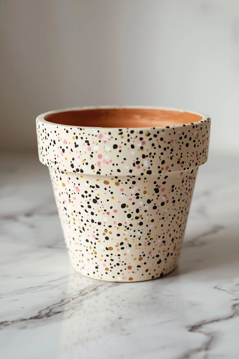 Painting terra cotta pots ideas inspired by speckled terrazzo stone on a marble countertop