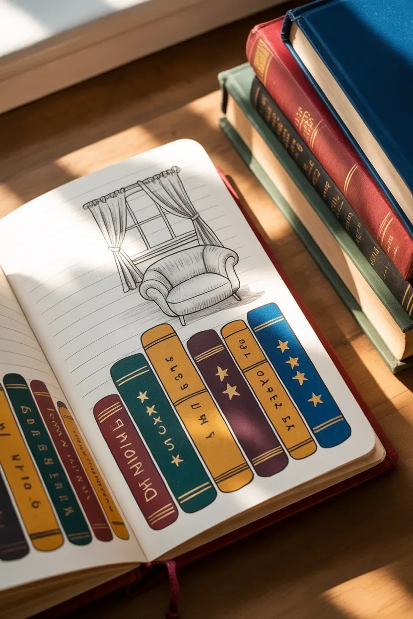 Reading and book tracker bullet journal ideas with illustrated book spines and star ratings