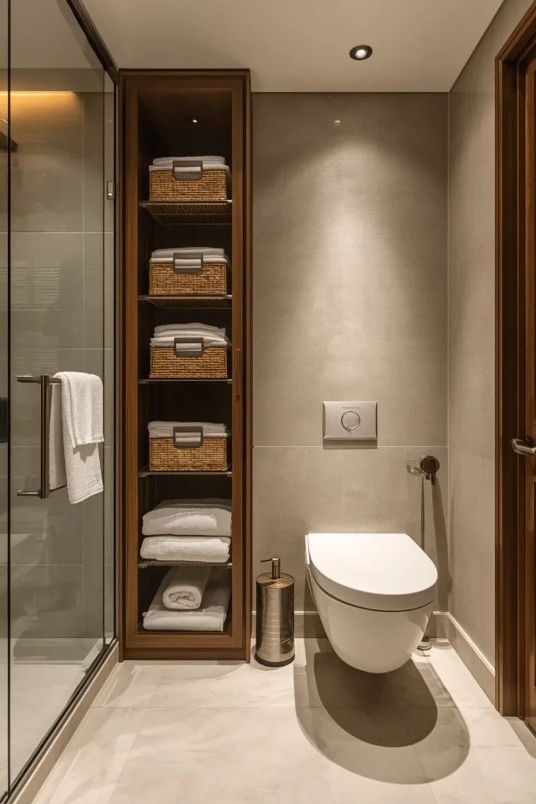 Toilet Rack Ideas featuring a tall built in linen tower beside a bathroom toilet