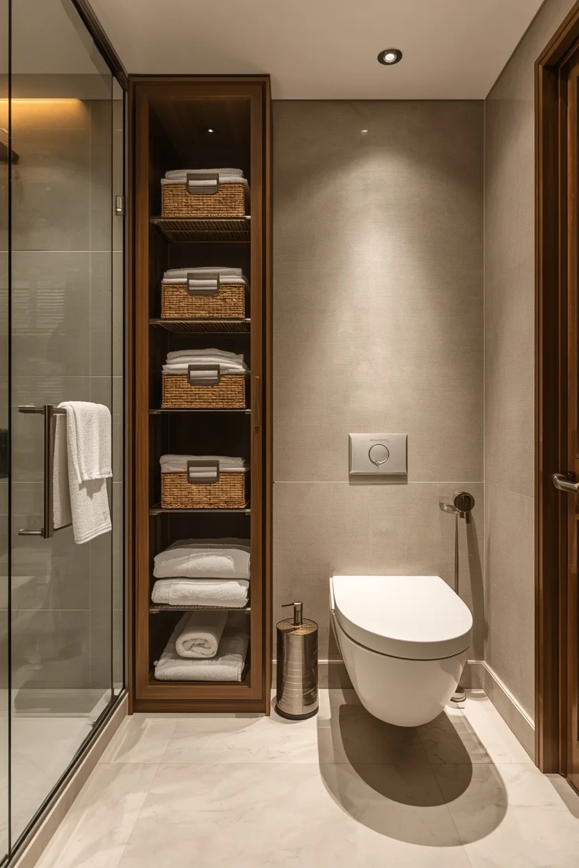 Toilet Rack Ideas featuring a tall built in linen tower beside a bathroom toilet