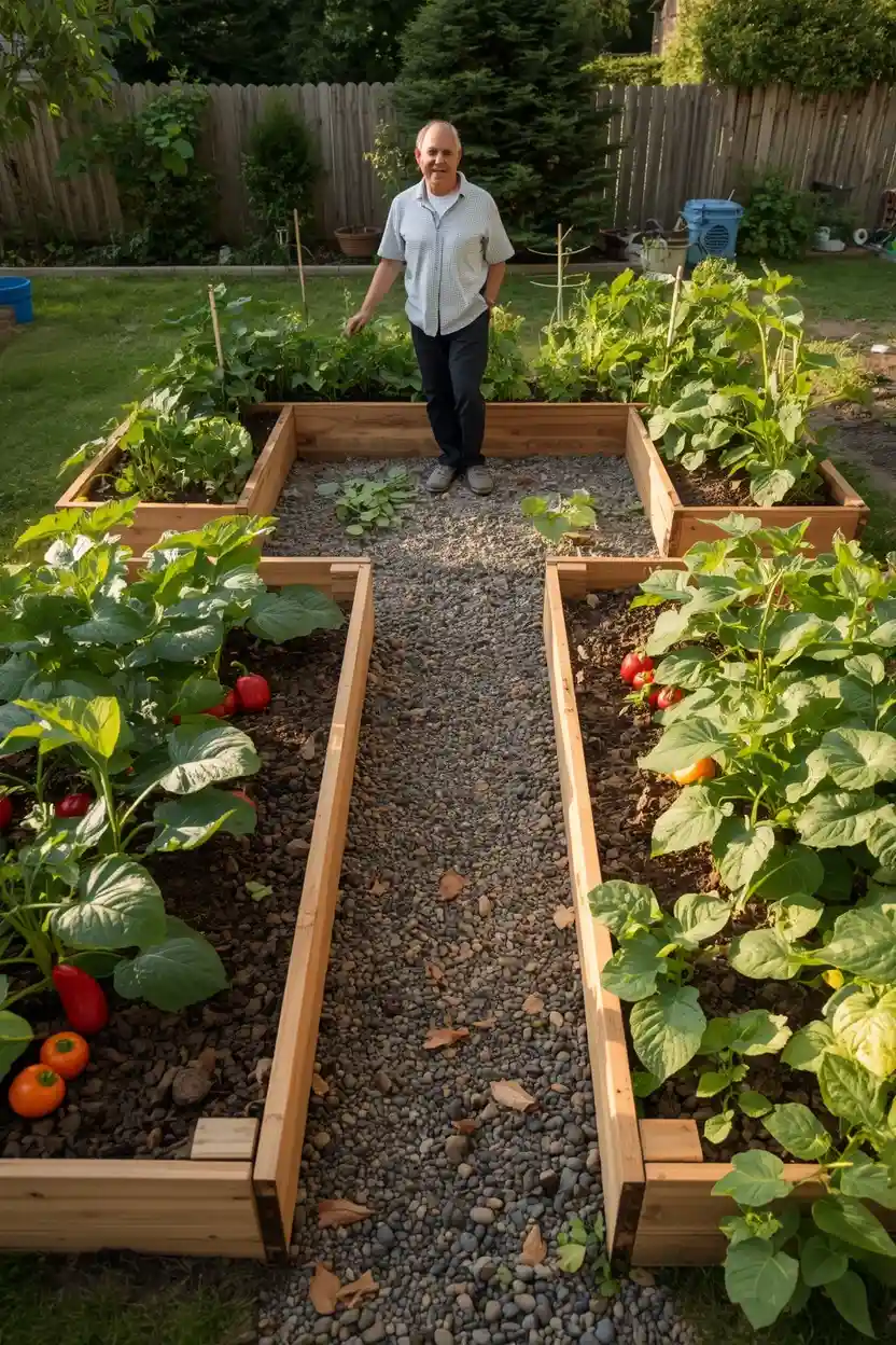 U-shape raised bed garden ideas with central access pathway for ergonomic waist-high vegetable gardening