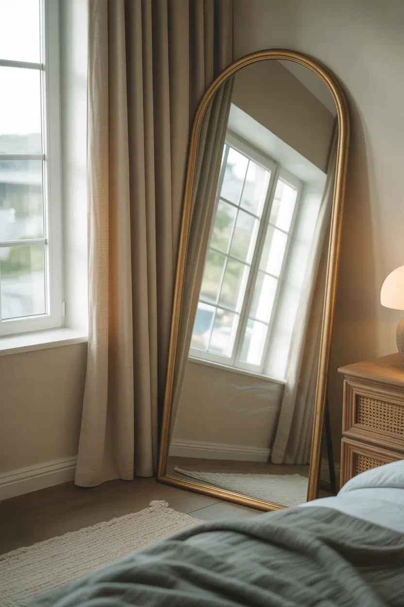 arched floor length mirror leaning against a wall as a brilliant bedroom decor design idea that makes any room feel bigger and brighter