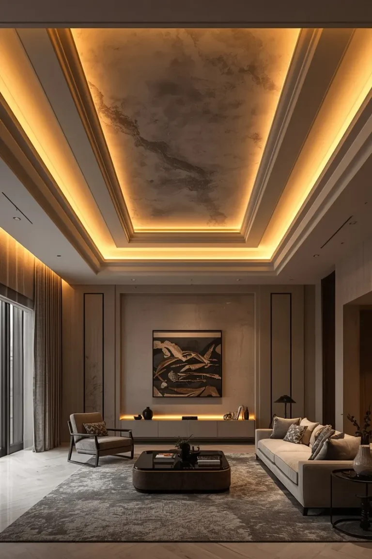 backlit tray ceiling panel living room lighting ceiling ideas with warm dramatic upward glow