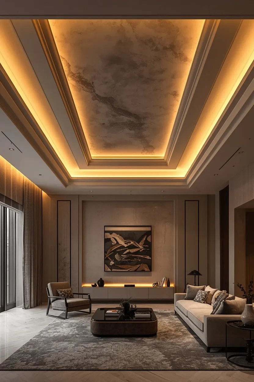 backlit tray ceiling panel living room lighting ceiling ideas with warm dramatic upward glow