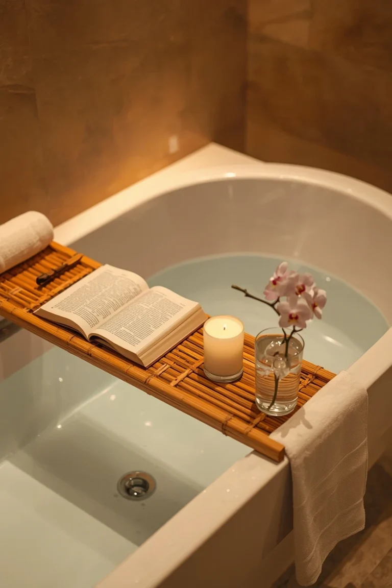 bamboo bathtub tray with candle and book as relaxing bathroom accessories ideas for a spa look
