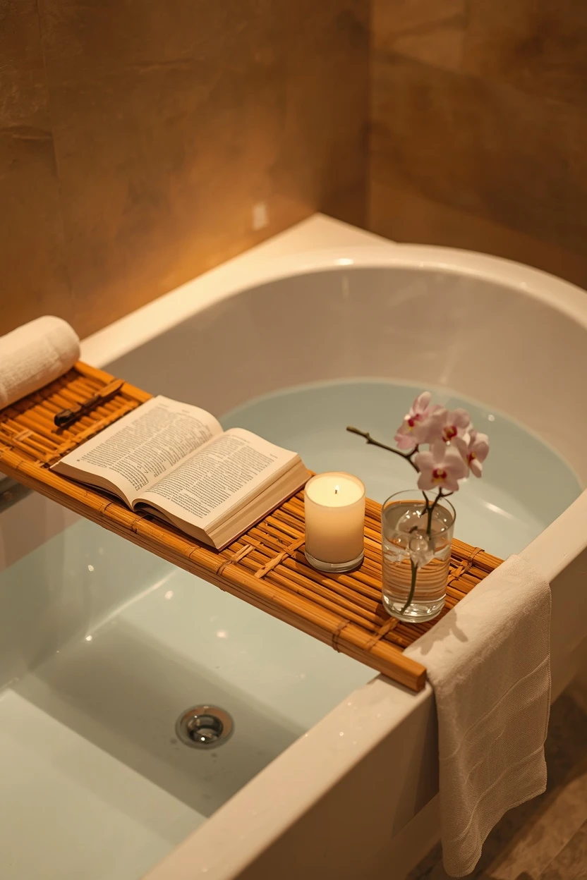 bamboo bathtub tray with candle and book as relaxing bathroom accessories ideas for a spa look