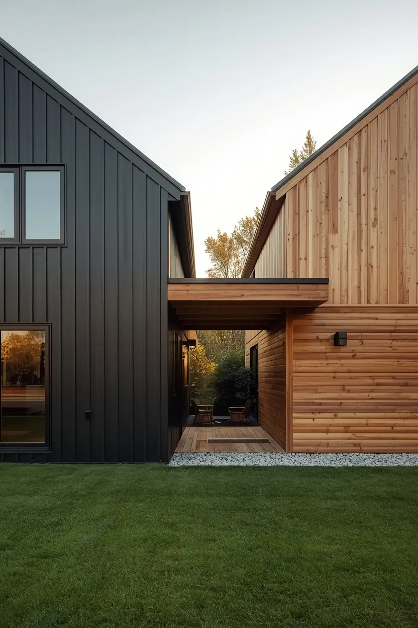 black and cedar house exterior ideas showing black primary home structure with a natural cedar clad addition creating bold material contrast
