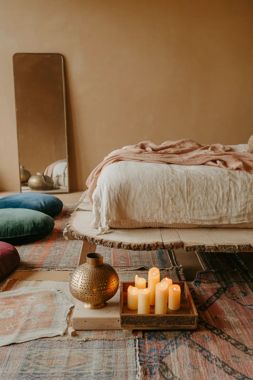 boho bedroom ideas with low platform bed floor cushions Moroccan lantern and layered vintage rugs for a zen look