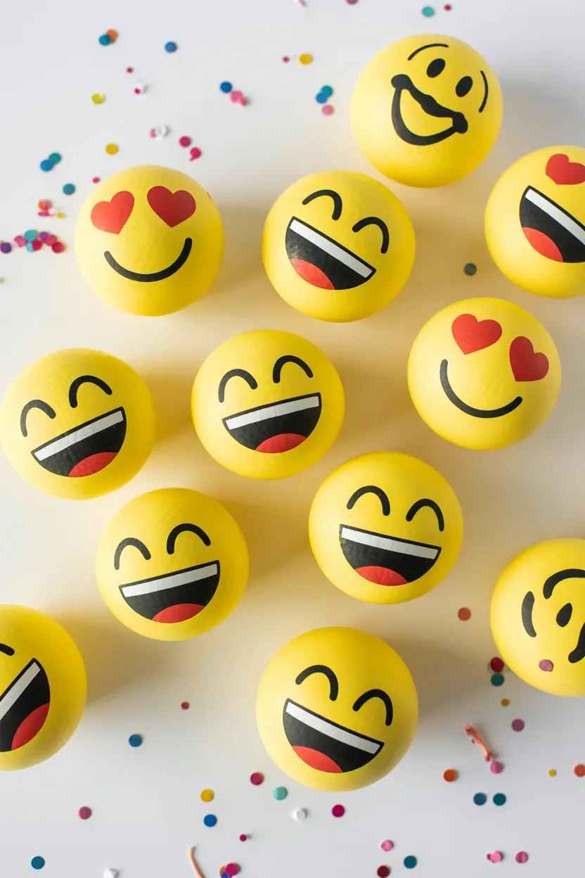 bright yellow homemade squishy emoji faces with painted expressions on a white background with colorful confetti