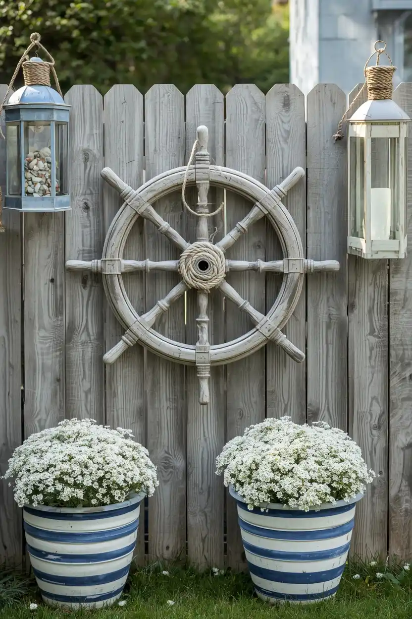 coastal nautical fence decor with driftwood ship wheel rope lanterns and sea glass accents as a charming garden fence decoration idea for beach inspired backyards