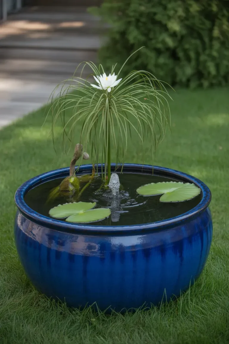 cobalt blue container water garden with dwarf papyrus and floating water lily showing unique and relaxing container gardening ideas for patios