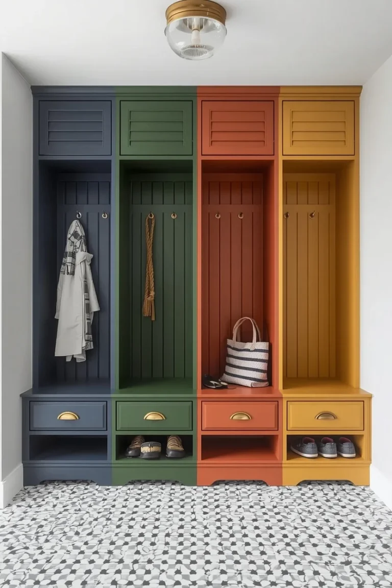 colorful family locker mudroom entryway ideas with personalized sections and hex tile floor