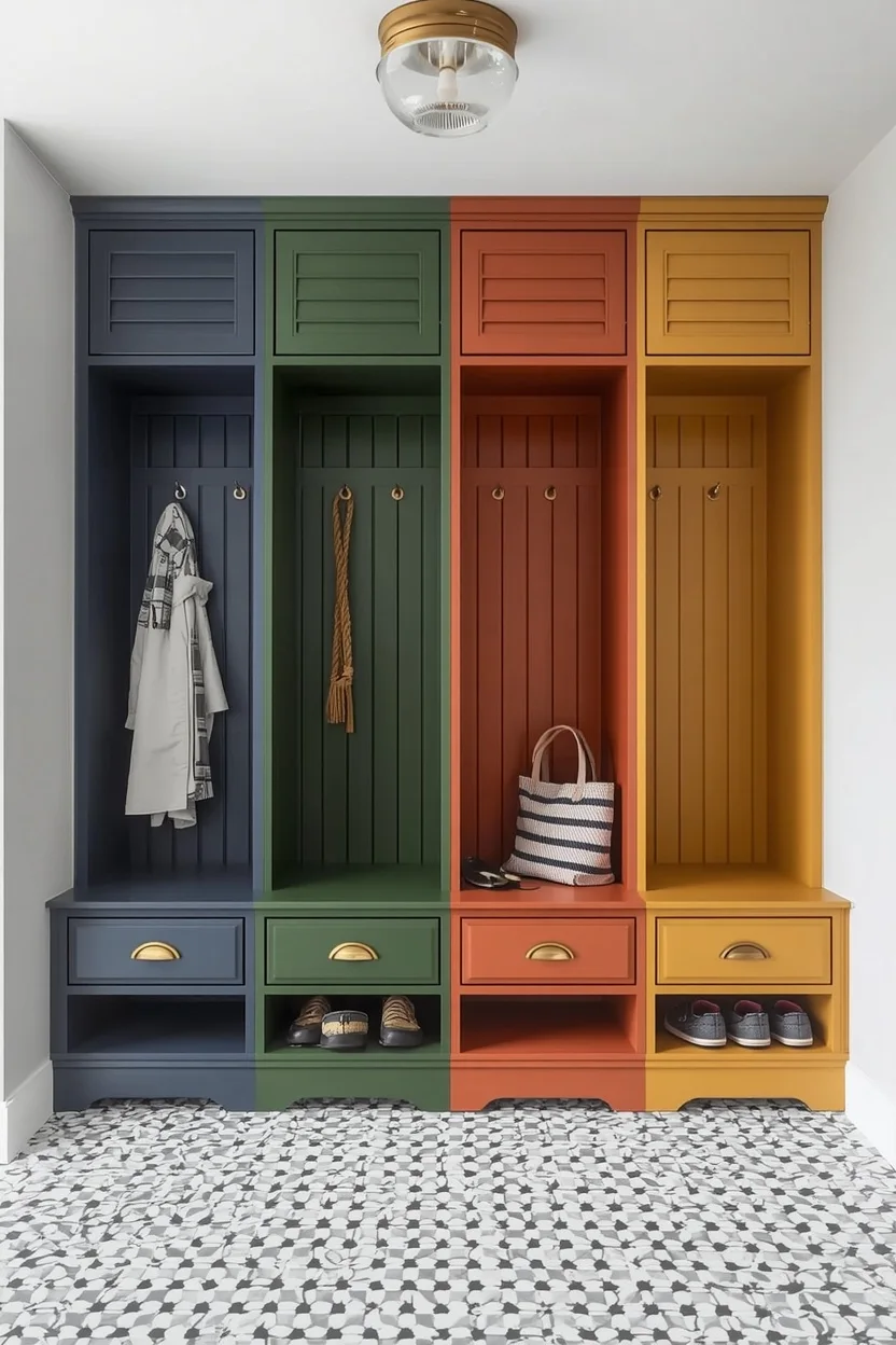 colorful family locker mudroom entryway ideas with personalized sections and hex tile floor