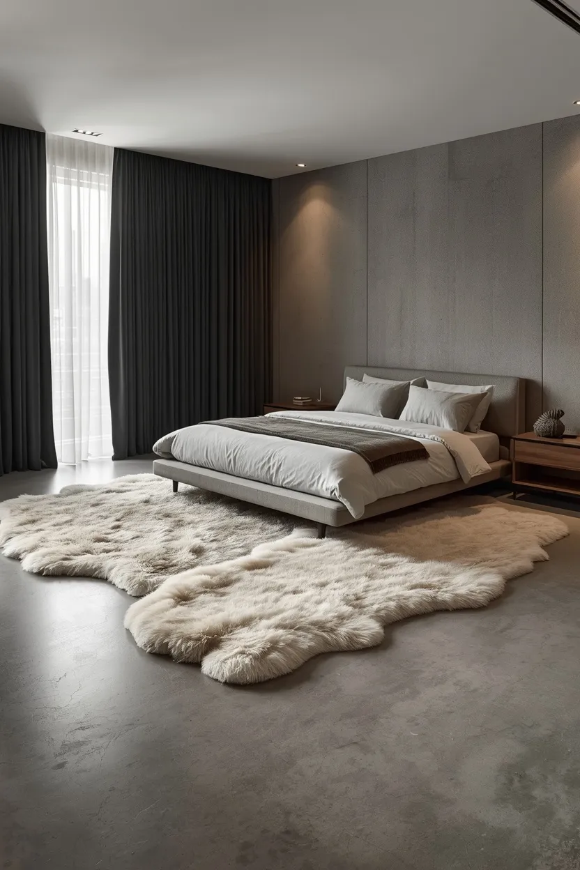 concrete floor ideas for bedrooms with matte gray finish layered with soft rugs for a luxury hotel feel