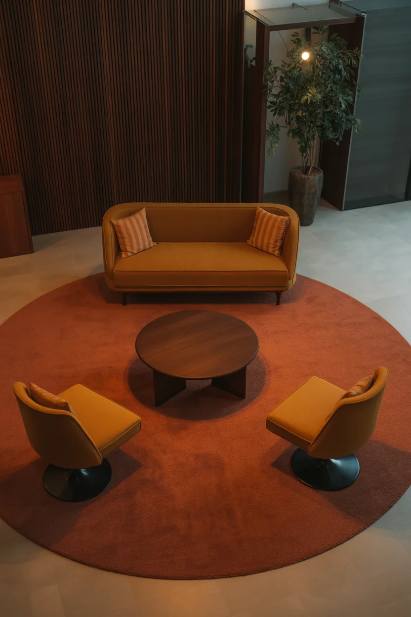 conversation pit seating arrangement mcm living room ideas with rust rug and tulip chairs