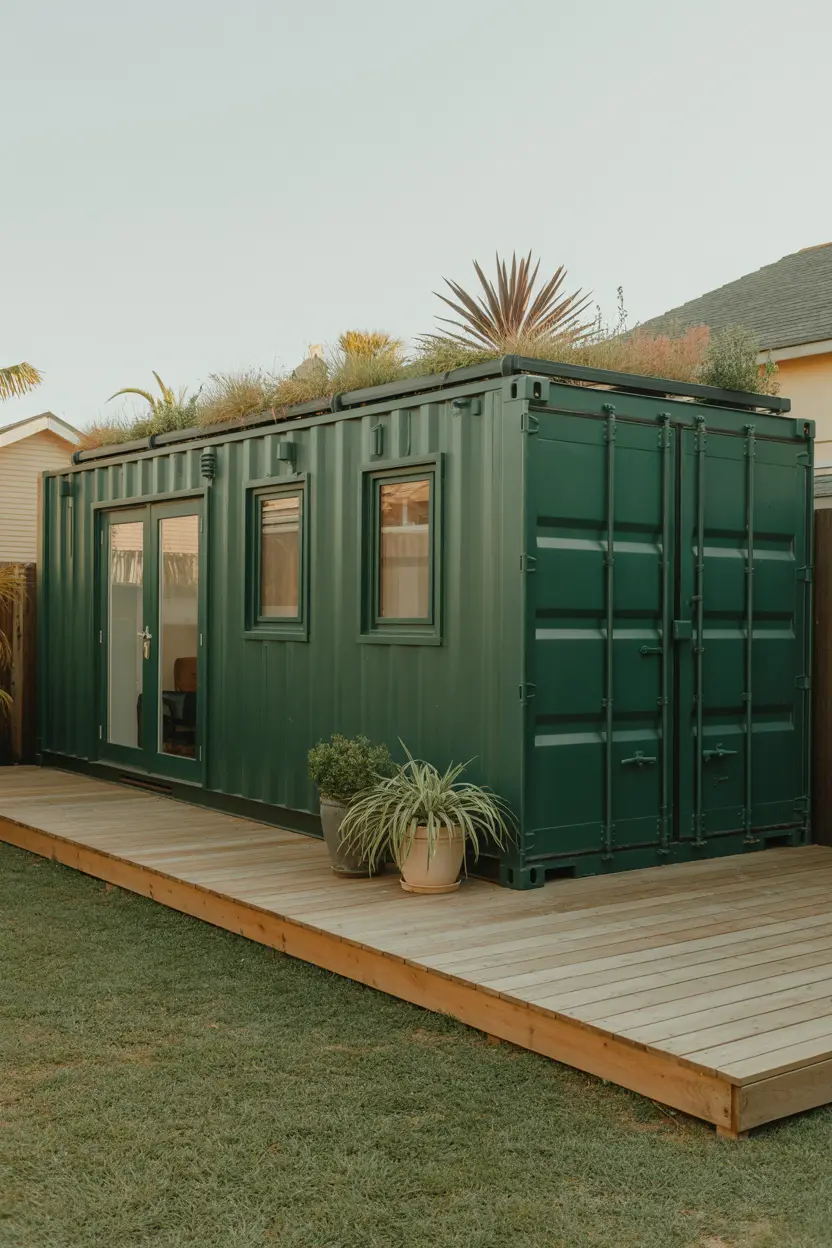 converted shipping container modern garden shed ideas painted forest green with French doors timber deck and rooftop garden