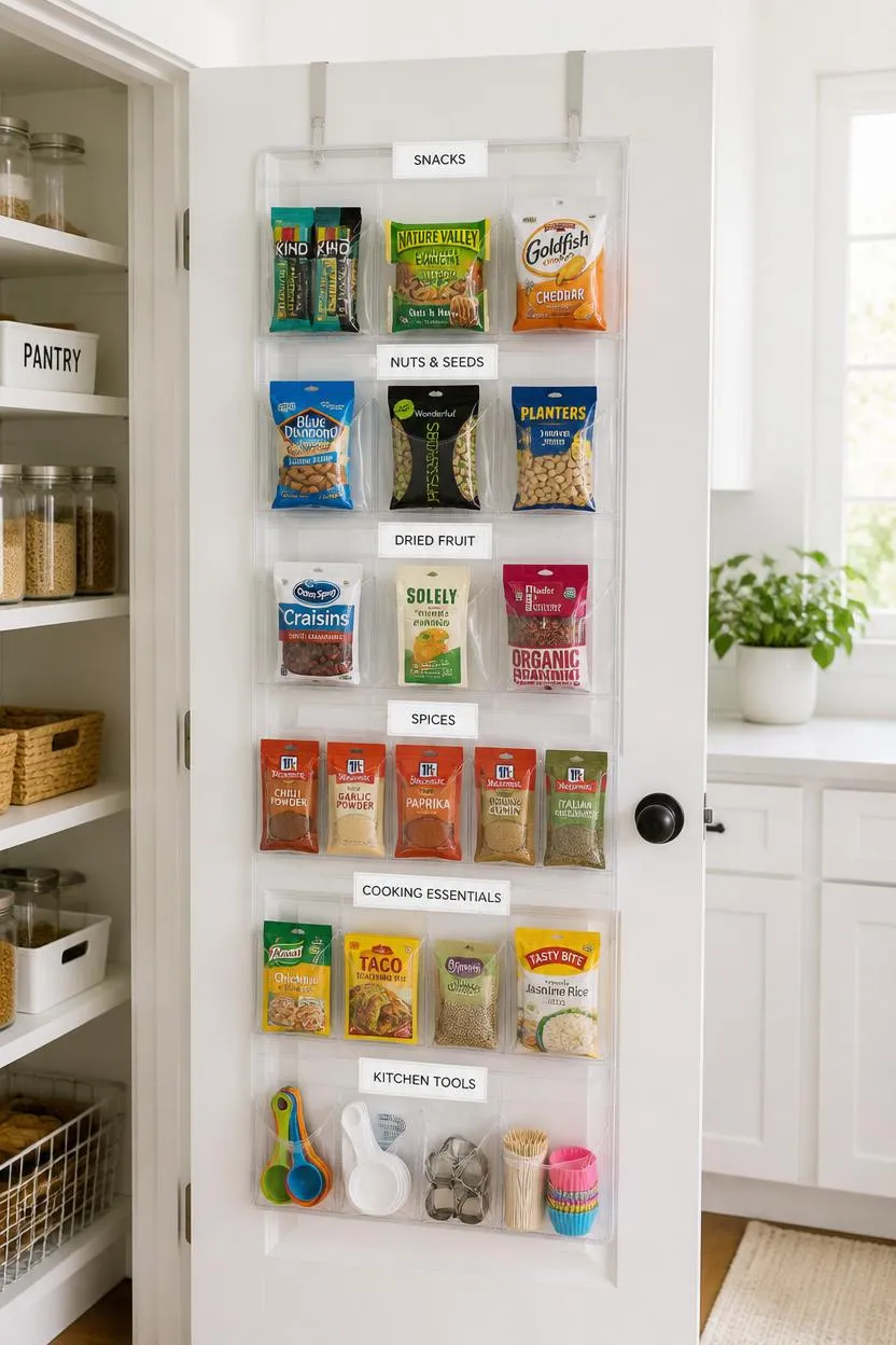 diy organization hacks over the door shoe organizer on pantry door holding snacks spice packets and small kitchen supplies