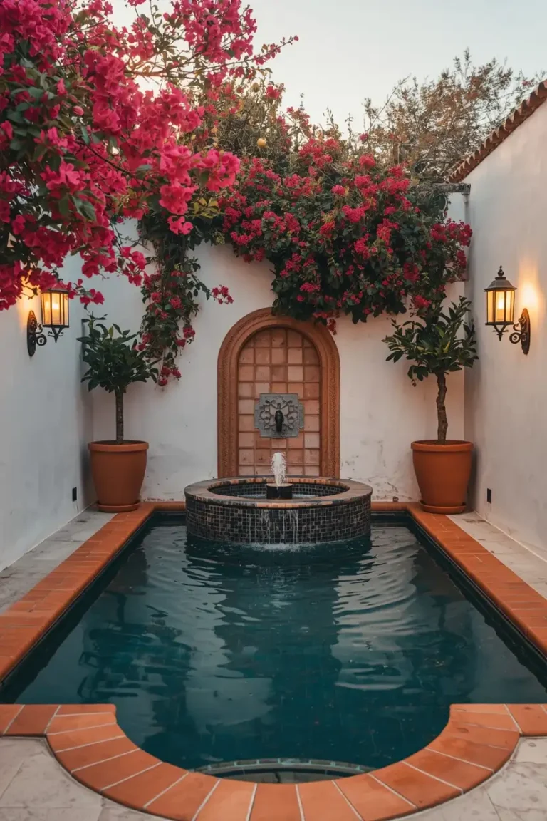 enclosed courtyard outdoor pool design ideas with Mediterranean style walls and bougainvillea landscaping