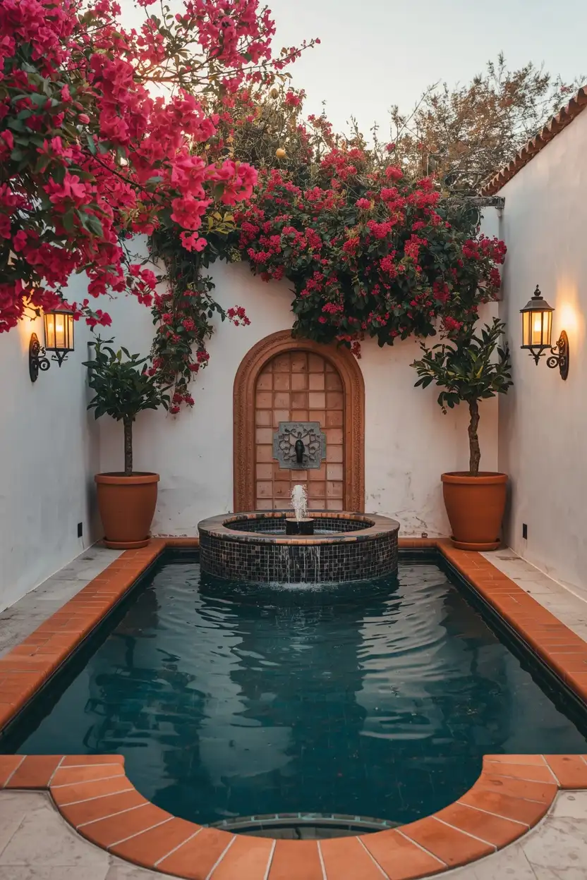 enclosed courtyard outdoor pool design ideas with Mediterranean style walls and bougainvillea landscaping