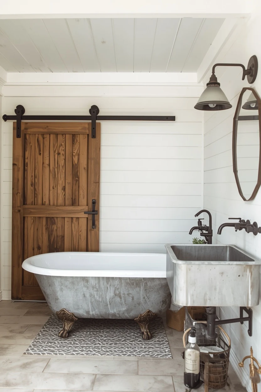 farmhouse shiplap outdoor bathroom ideas with clawfoot tub and oil rubbed bronze vintage hardware
