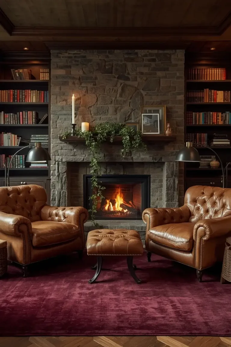 fireplace flanking book nook ideas with symmetrical armchairs floor to ceiling shelves burgundy rug and lit fireplace
