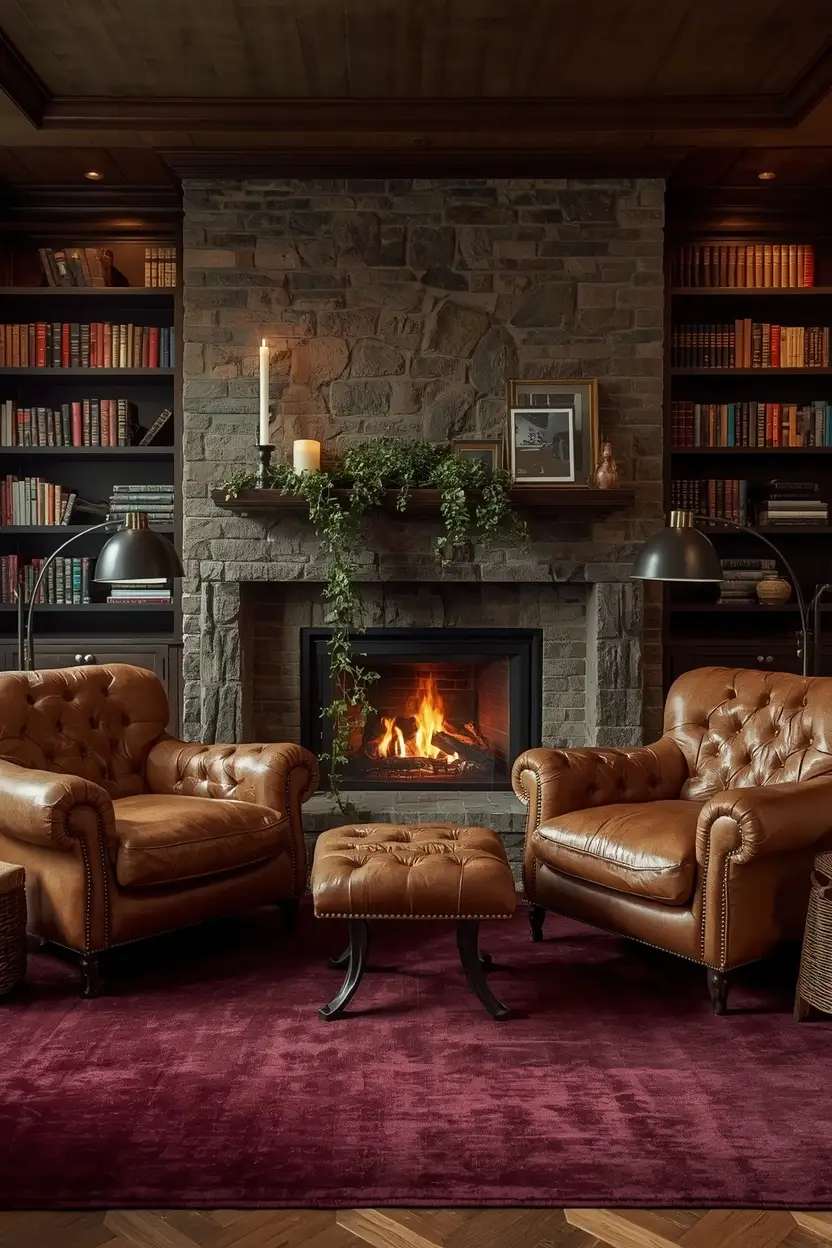 fireplace flanking book nook ideas with symmetrical armchairs floor to ceiling shelves burgundy rug and lit fireplace