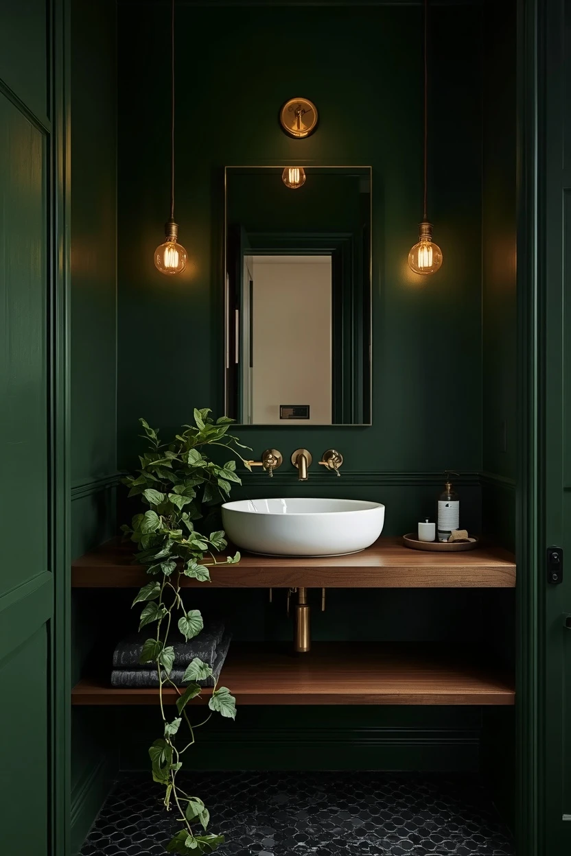 forest green bathroom paint colors ideas with brass fixtures for a bold designer look