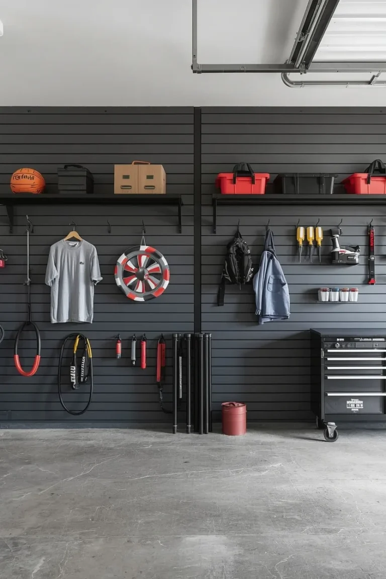 garage organization ideas using dark gray slat wall panels with hooks shelves and bins for tools and sports gear