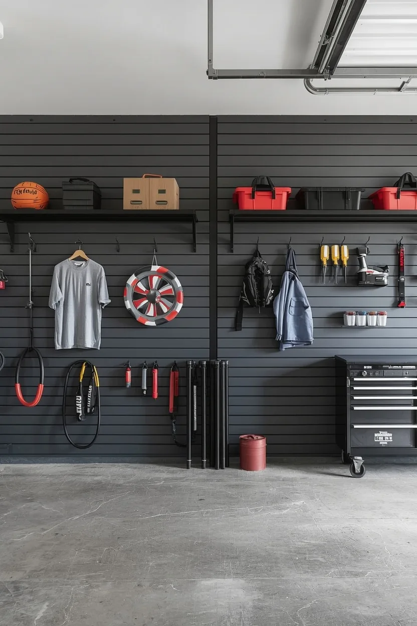 garage organization ideas using dark gray slat wall panels with hooks shelves and bins for tools and sports gear