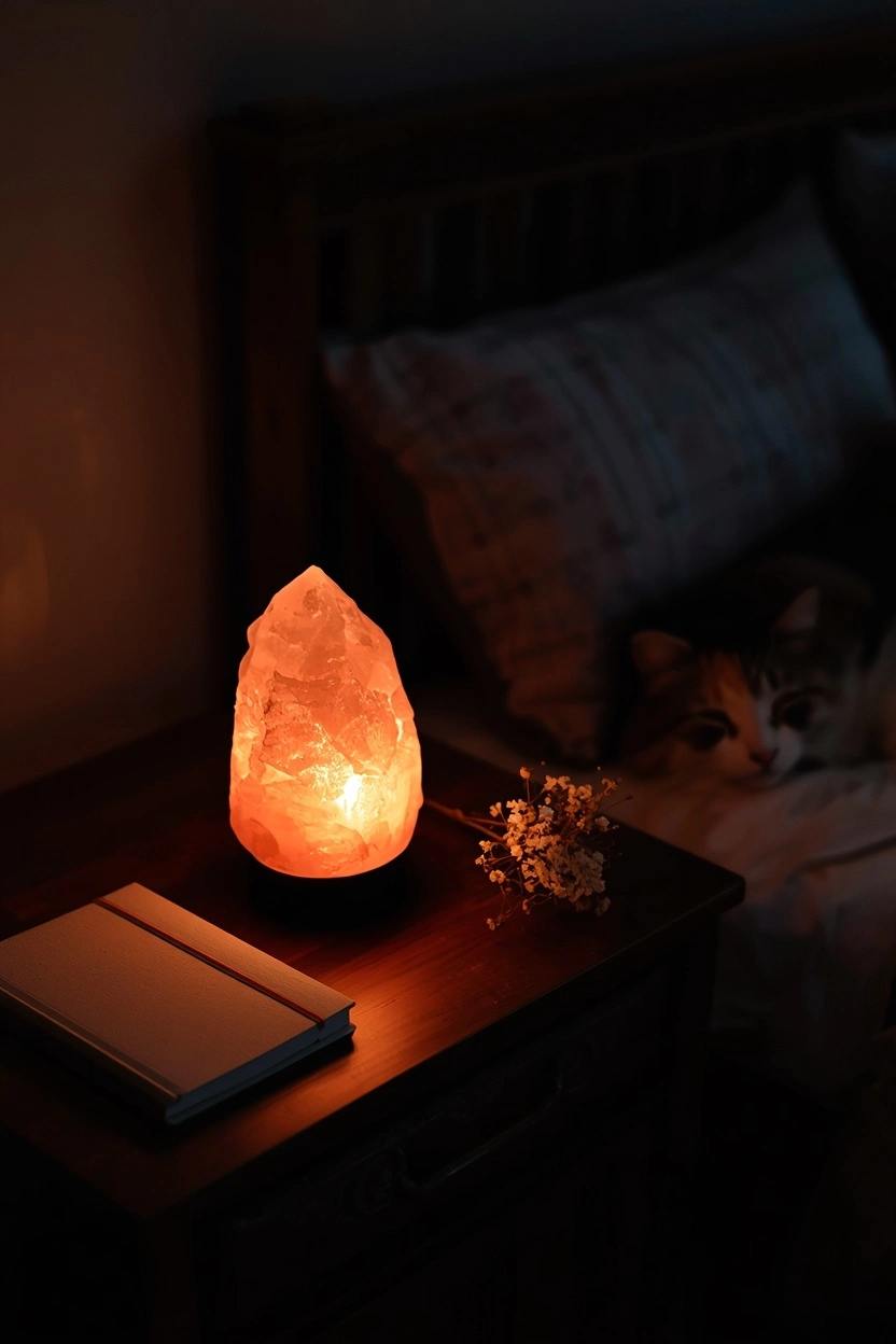 glowing himalayan salt lamp on nightstand as cozy crystal decor ideas for bedroom lighting
