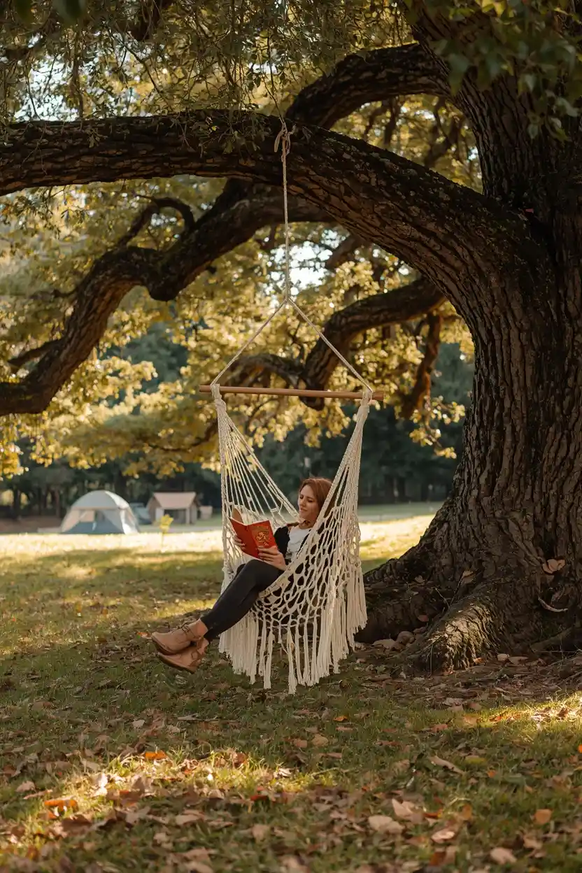 hanging hammock camping chair design ideas suspended from a tree branch at a shaded woodland campsite