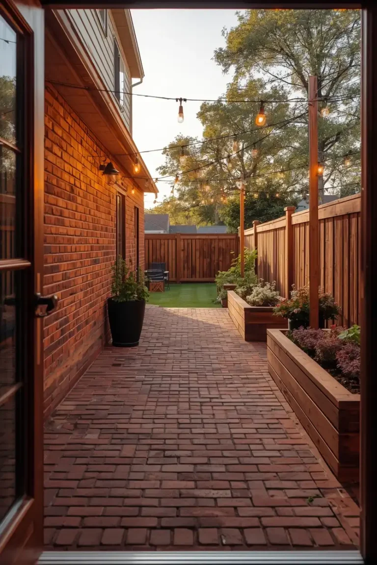herringbone brick paver patio ideas for small backyards that create depth and visual length