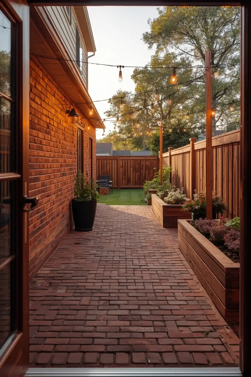 herringbone brick paver patio ideas for small backyards that create depth and visual length