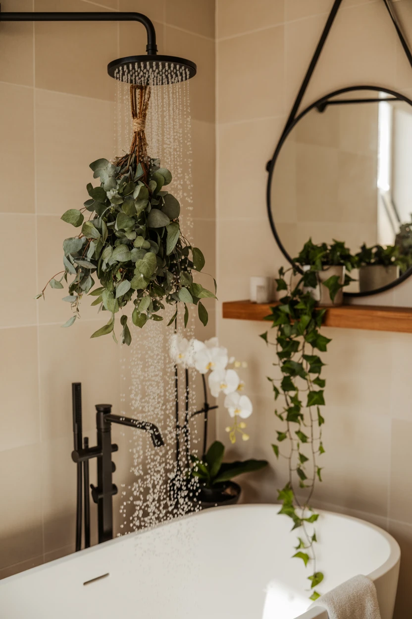 indoor house plants aesthetic bathroom oasis with eucalyptus hanging from showerhead trailing ivy and orchid beside freestanding tub