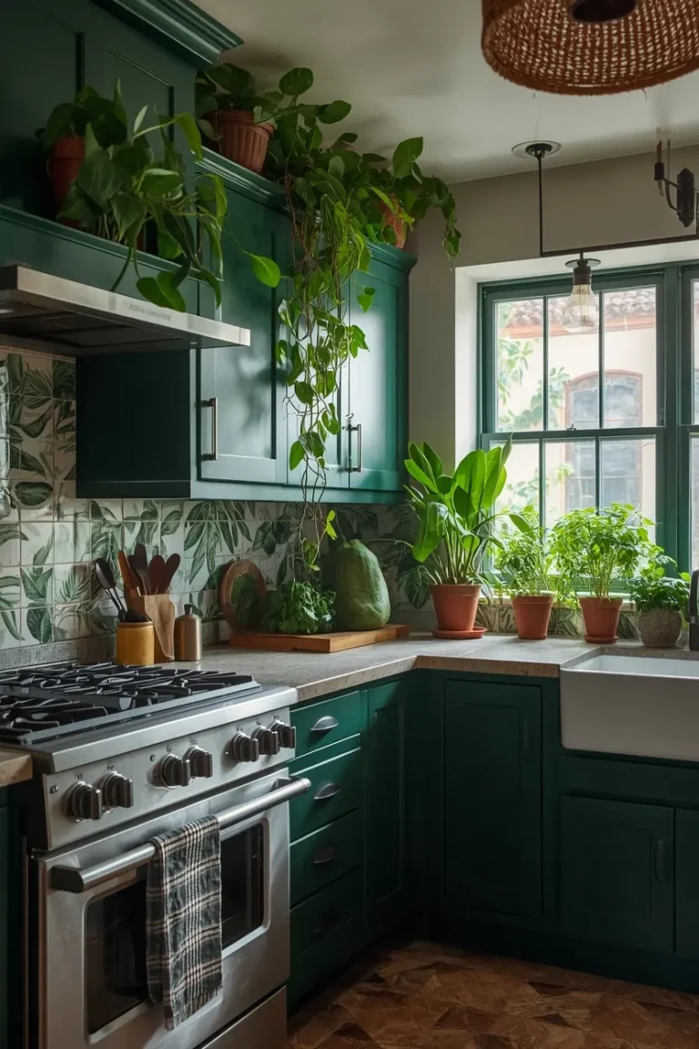 jungle inspired green kitchen with plants and botanical prints lush green kitchen design ideas